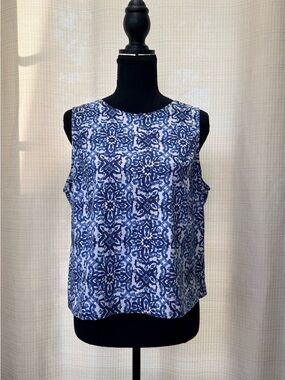 Milly Design Nation Coastal Mosaic Print Blue White Sleeveless Top Sz L Preppy